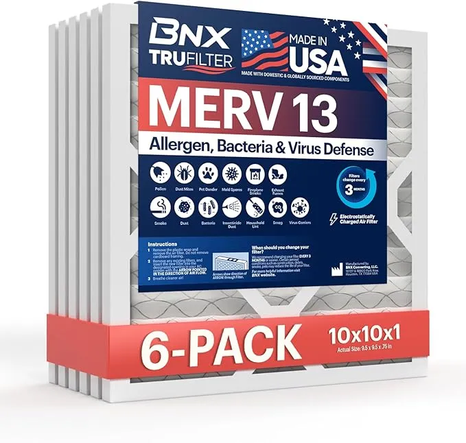 BNX 10x10x1 MERV 13 Furnace Air Filter, 6 Pack NEW in sealed package 10 x 10 x 1