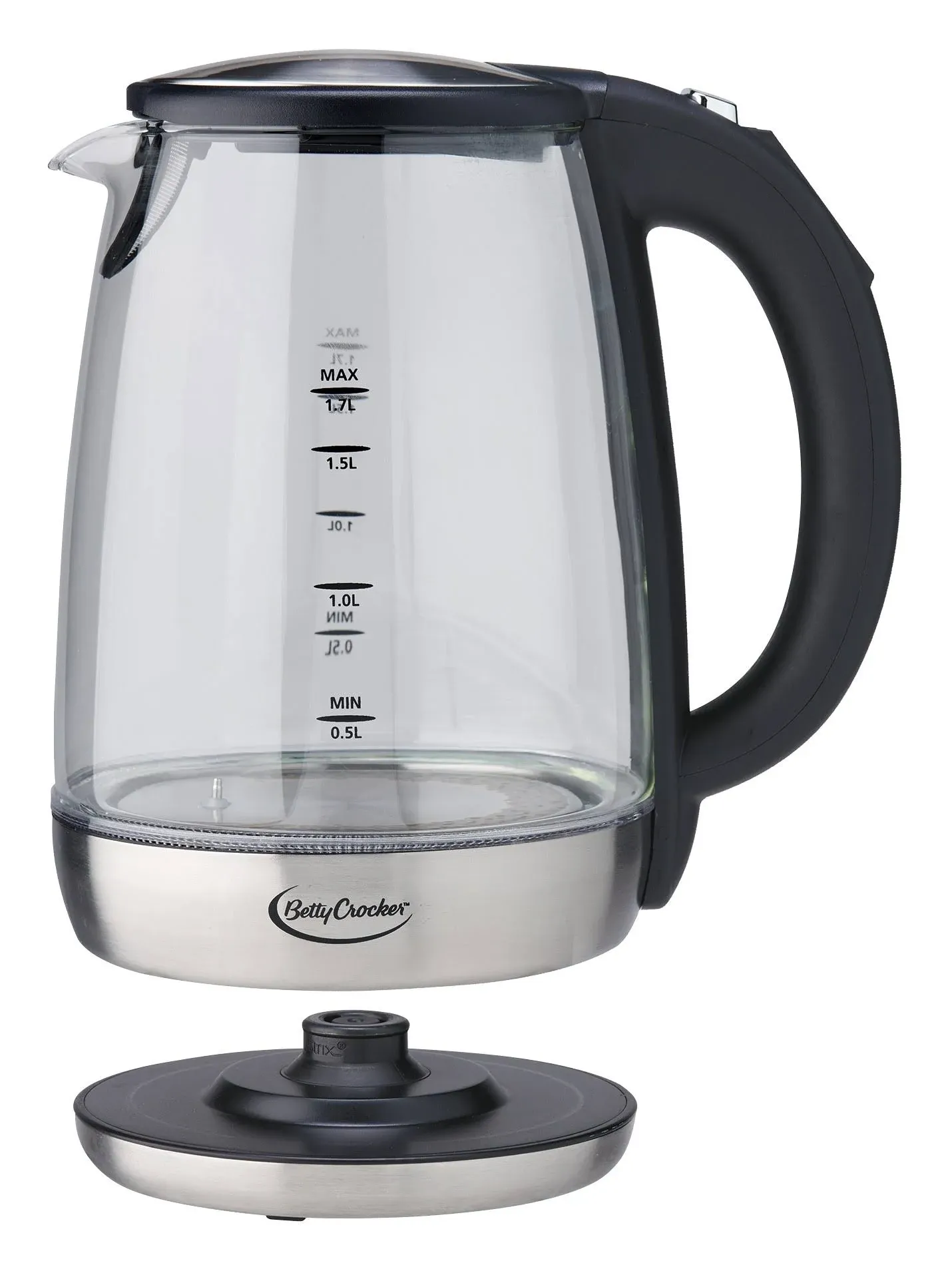 Betty Crocker Electric Tea Kettle, Glass with Temperature Control, Stainless Steel Body and LED Display, 1.7 Liters