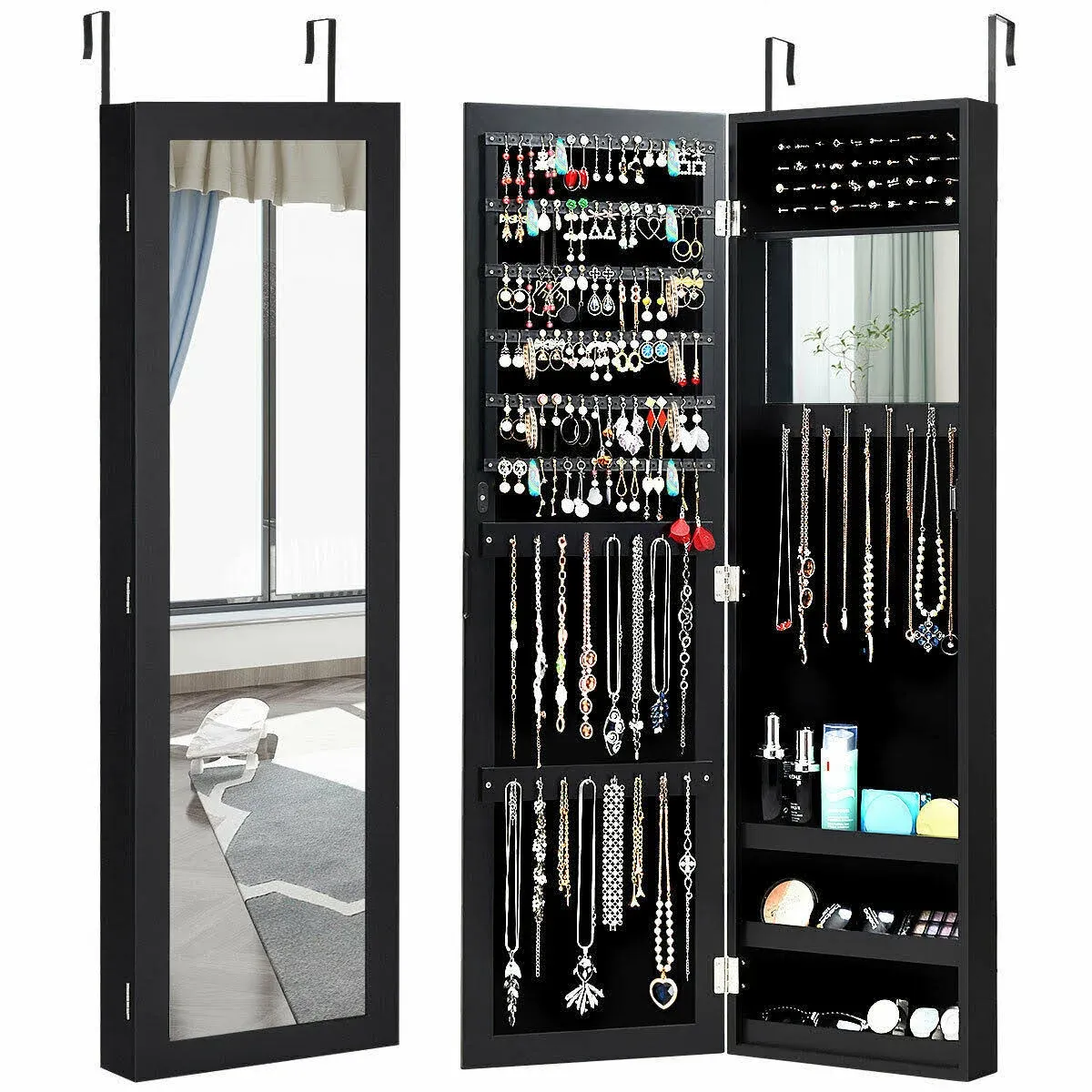 Mirrored Jewelry Cabinet Armoire Storage Organizer Wall Door Mounted Black New