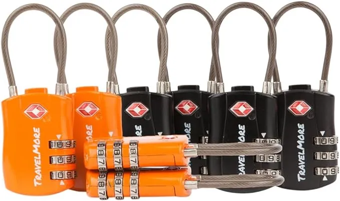 8 Pack TSA Approved Travel Combination Cable Luggage Locks for Suitcases - 4 Black & 4 Orange