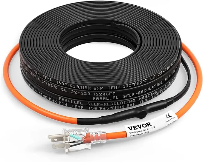 VEVOR 5 W/FT 120 V Pipe Heating Cable 120-ft Rubber 600-Watt Pipe Heat Cable for 0.5-in PipeVEVOR 5 W/FT 120 V Pipe Heating Cable 120-ft Rubber 600-Watt Pipe Heat Cable for 0.5-in Pipe