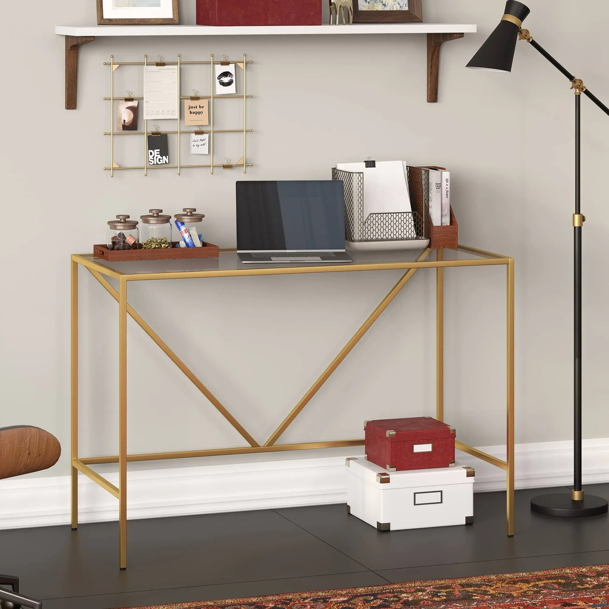 Hudson & Canal - Draper 44  Wide Rectangular Writing Desk in Brass - OF0876