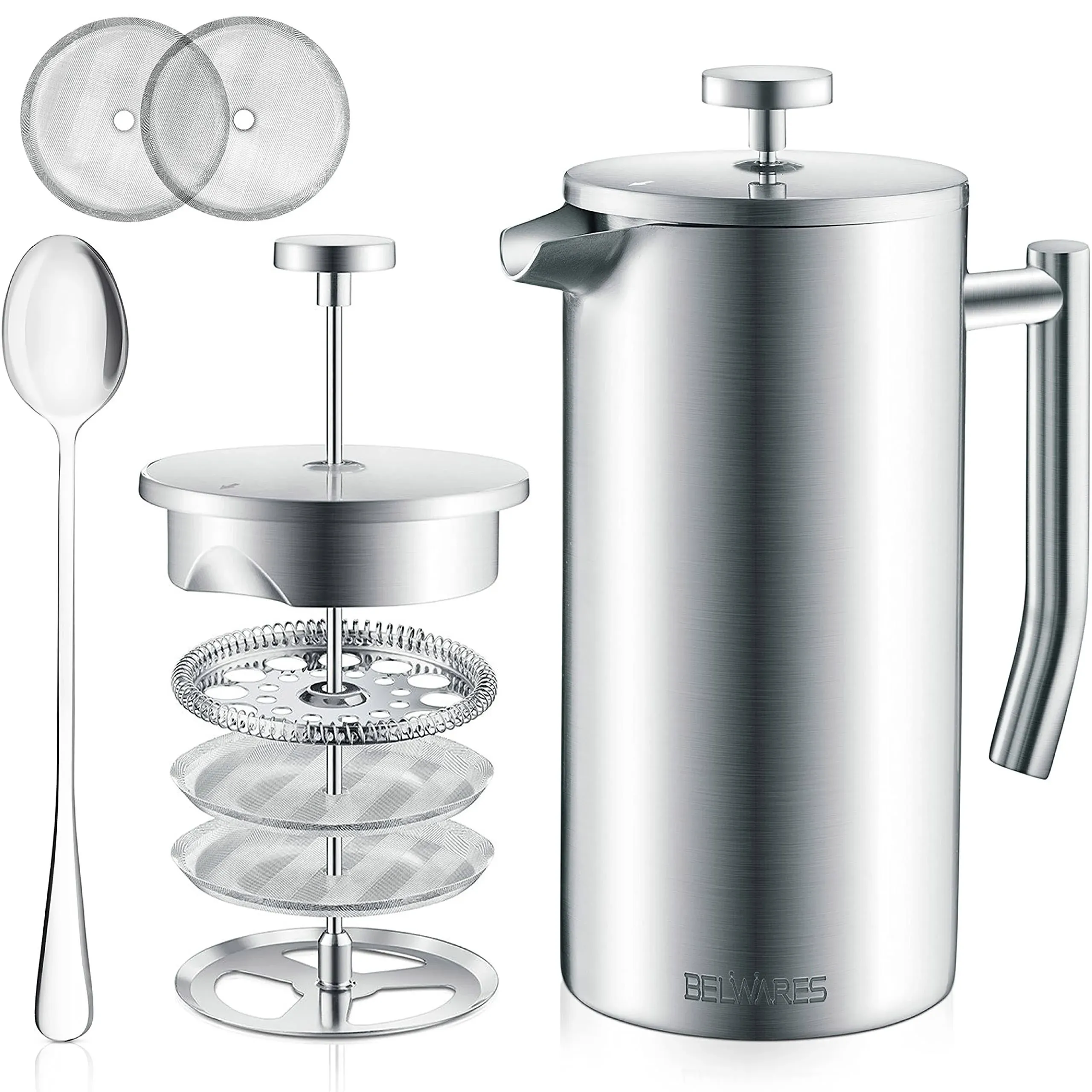 Belwares Stainless Steel French Coffee Press, with Double Wall and Extra Filters - 34 oz