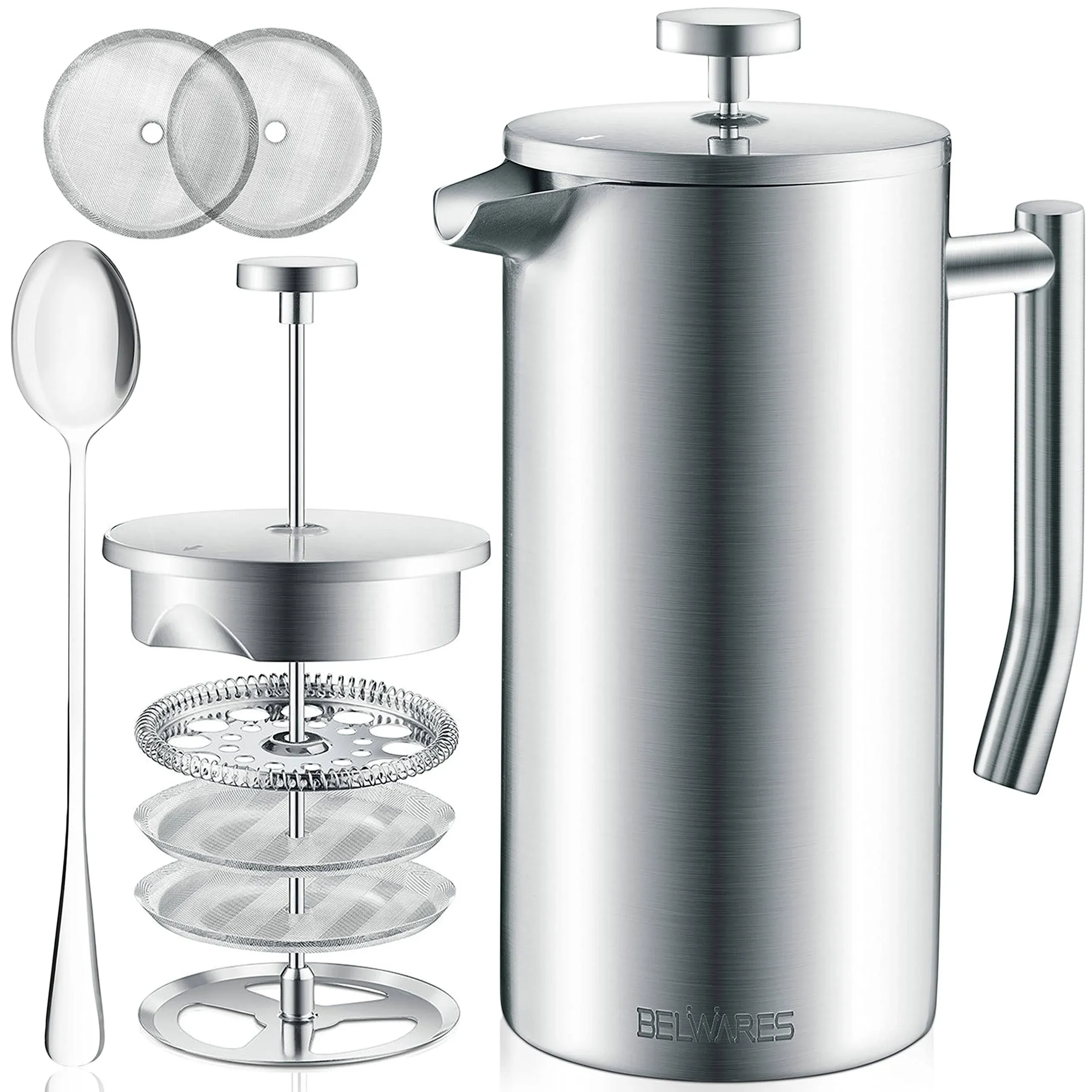 Belwares Stainless Steel French Coffee Press, with Double Wall and Extra Filters ...