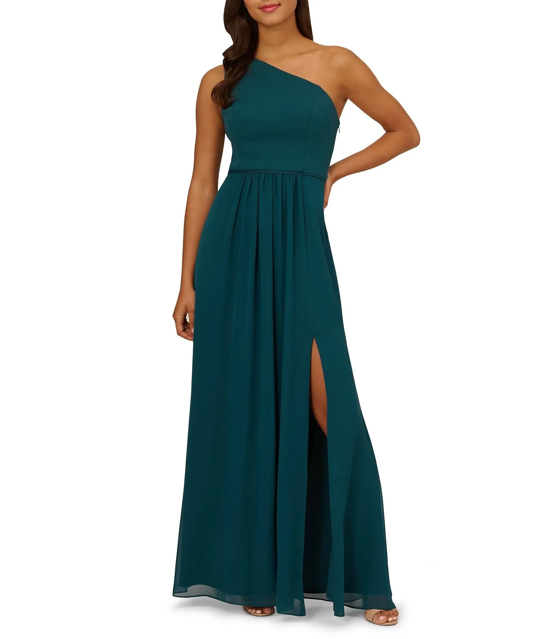 One-shoulder Chiffon Gown In Green