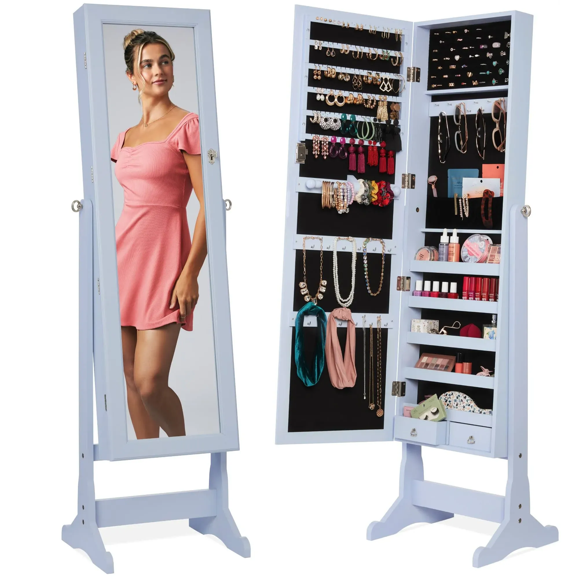 Best Choice Products Jewelry Armoire Cabinet, Full Length Mirror w/ Velvet Storage Interior, Lock - Powder Blue