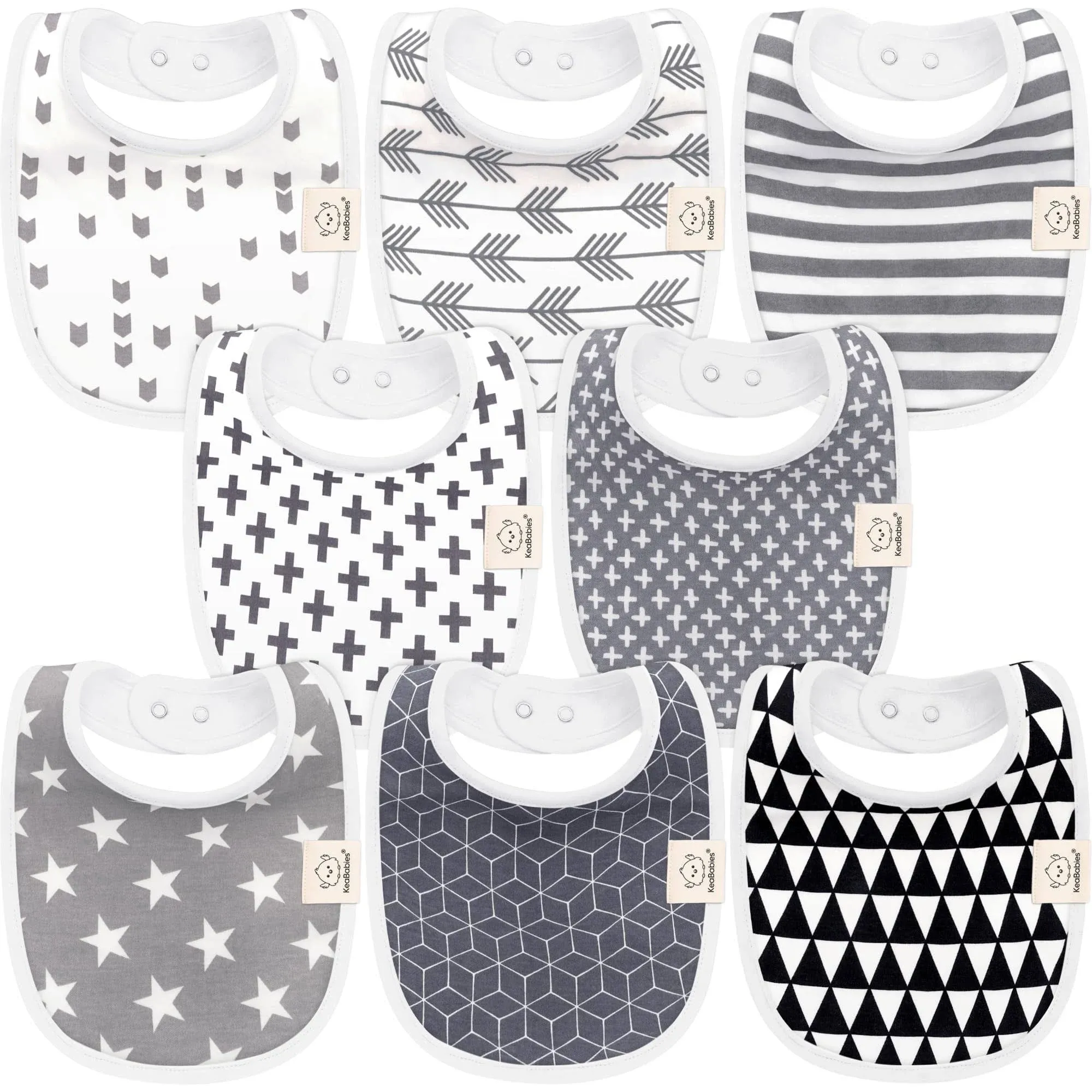 KeaBabies 8-Pack Baby Drool Bibs Grayscale