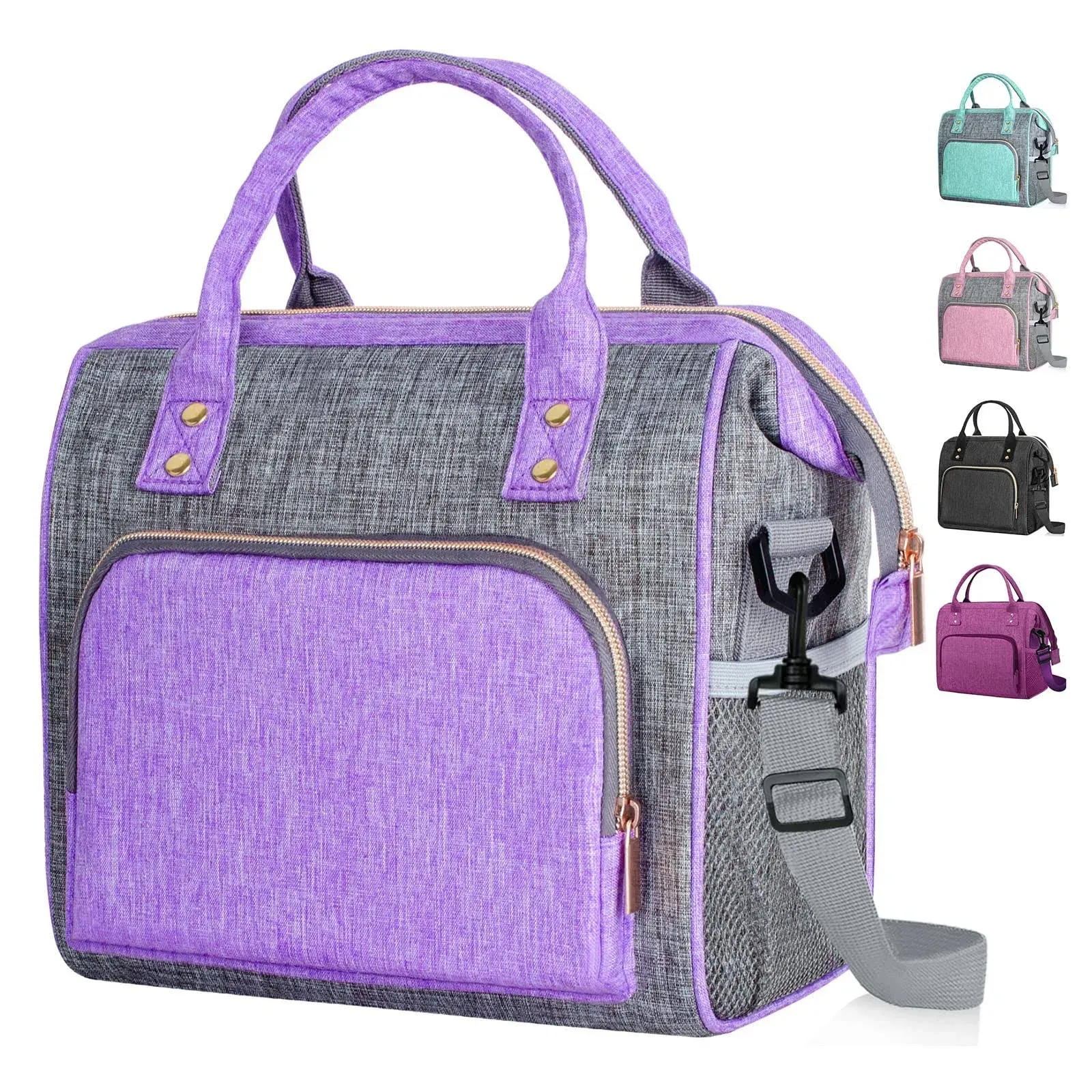 WONDAY Insulated Lunch Bag for Women, Reusable Leakproof Large Lunch Box with Adjustable Shoulder Strap, Multi-Pocket Lunch Bag Women for Work, Office, Picnic, Outdoor(Purple)