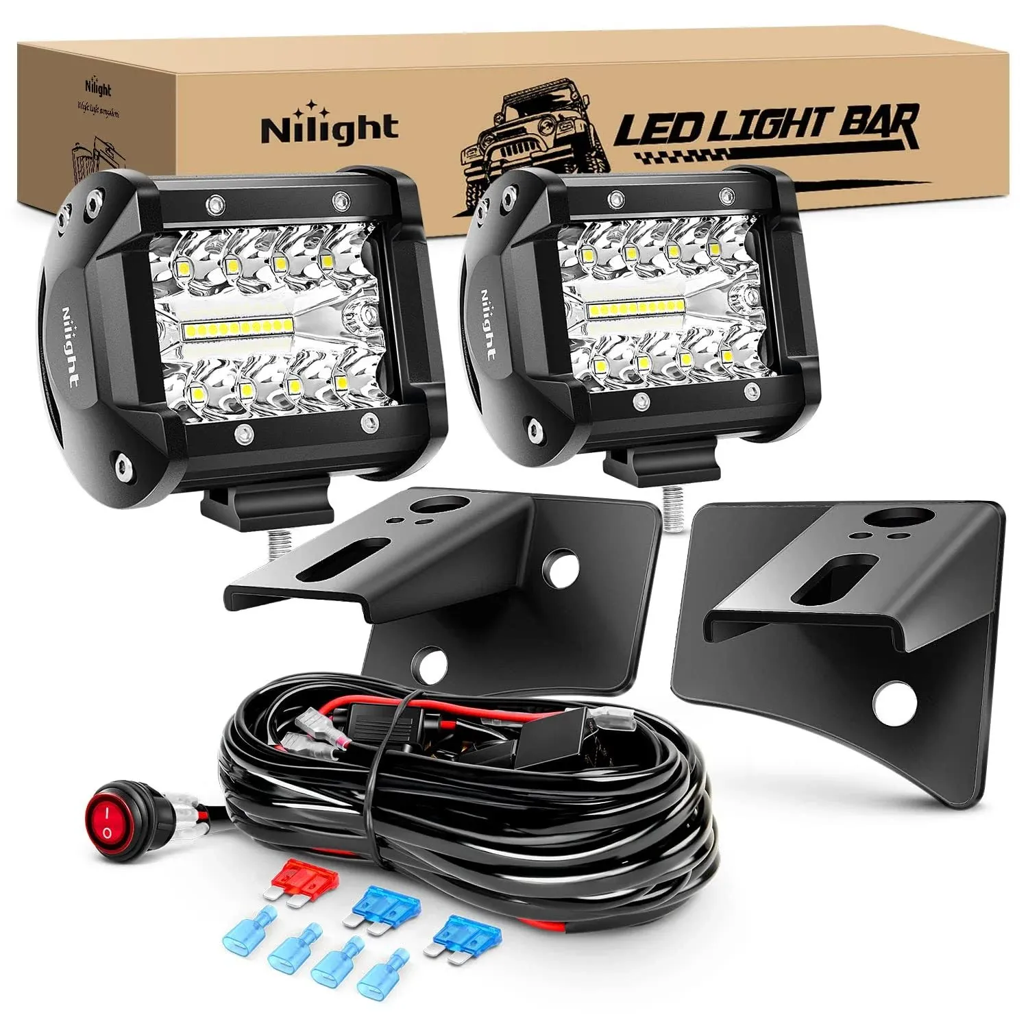 4 Inch 60W Triple Row Spot Flood LED Pods (Pair) | 16AWG Wire 3Pin Switch | Windshield Hinge Mount for 2007-2017 Wrangler JK/JKU 2DR 4DR