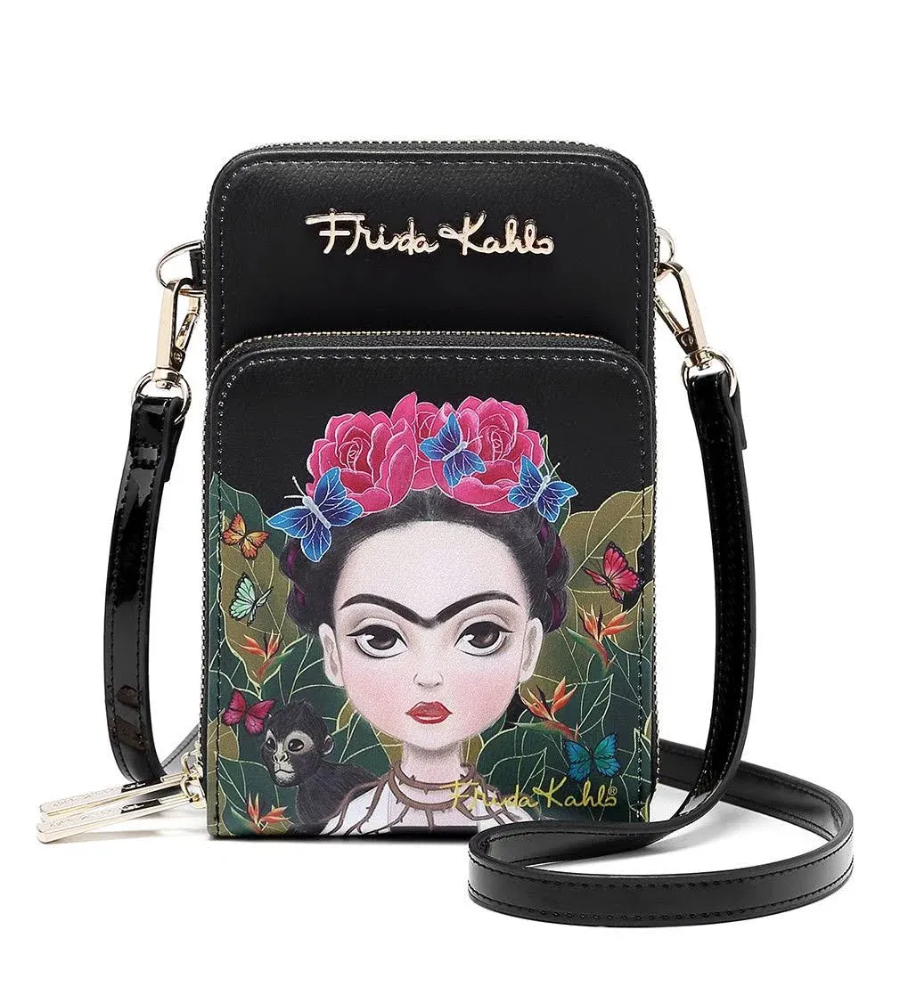 Frida Kahlo Cartoon Collection Cellphone Cross Body Bag w/Wrislet - Black/Black