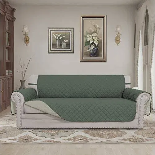 Easy-Going Sofa Slipcover Reversible Oversized Sofa Cover Water Resistant Couch Cover with Foam Sticks Elastic Straps Furniture Protector for Pets Dog (Oversized Sofa, Greyish Green/Beige)