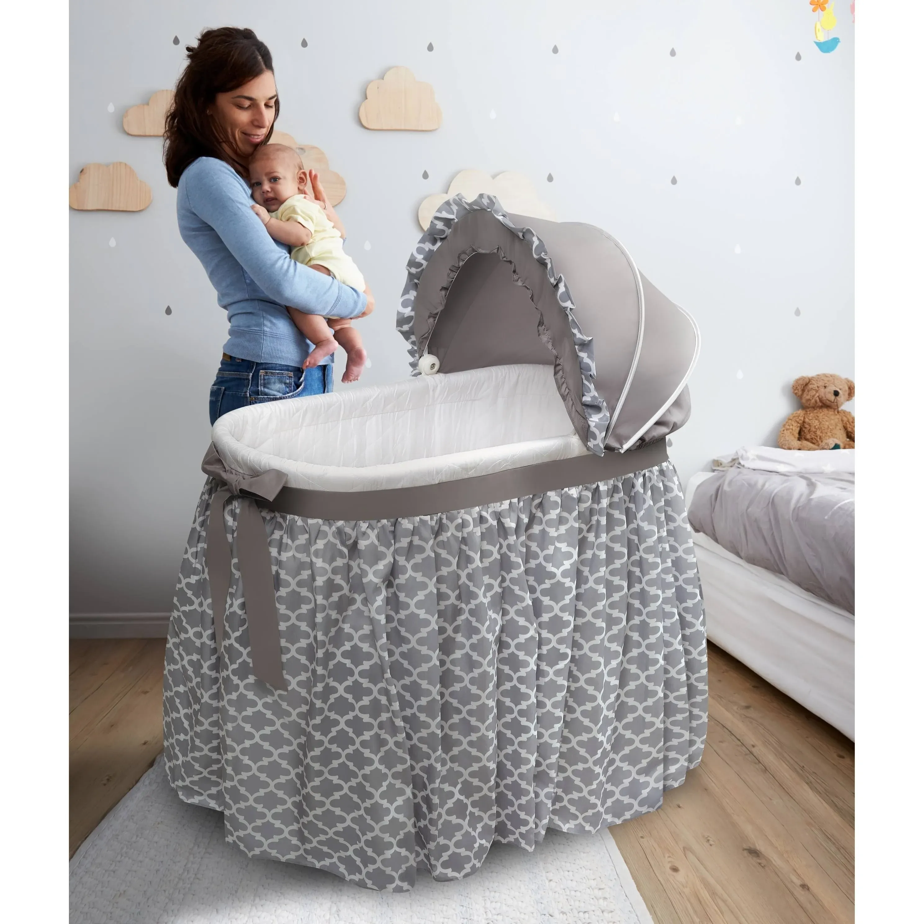 Badger Basket Wishes Oval Bassinet - Full Length Skirt - Gray/Lantern