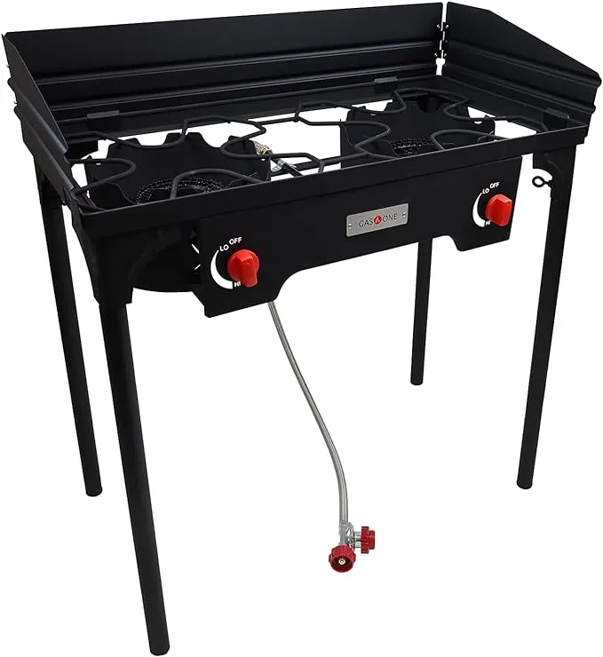 GAS One Two Burner Propane Camp Stove, Two 75,000BTU Cast Iron Burners with Windscreen Outdoor High Pressure Propane Double Burner