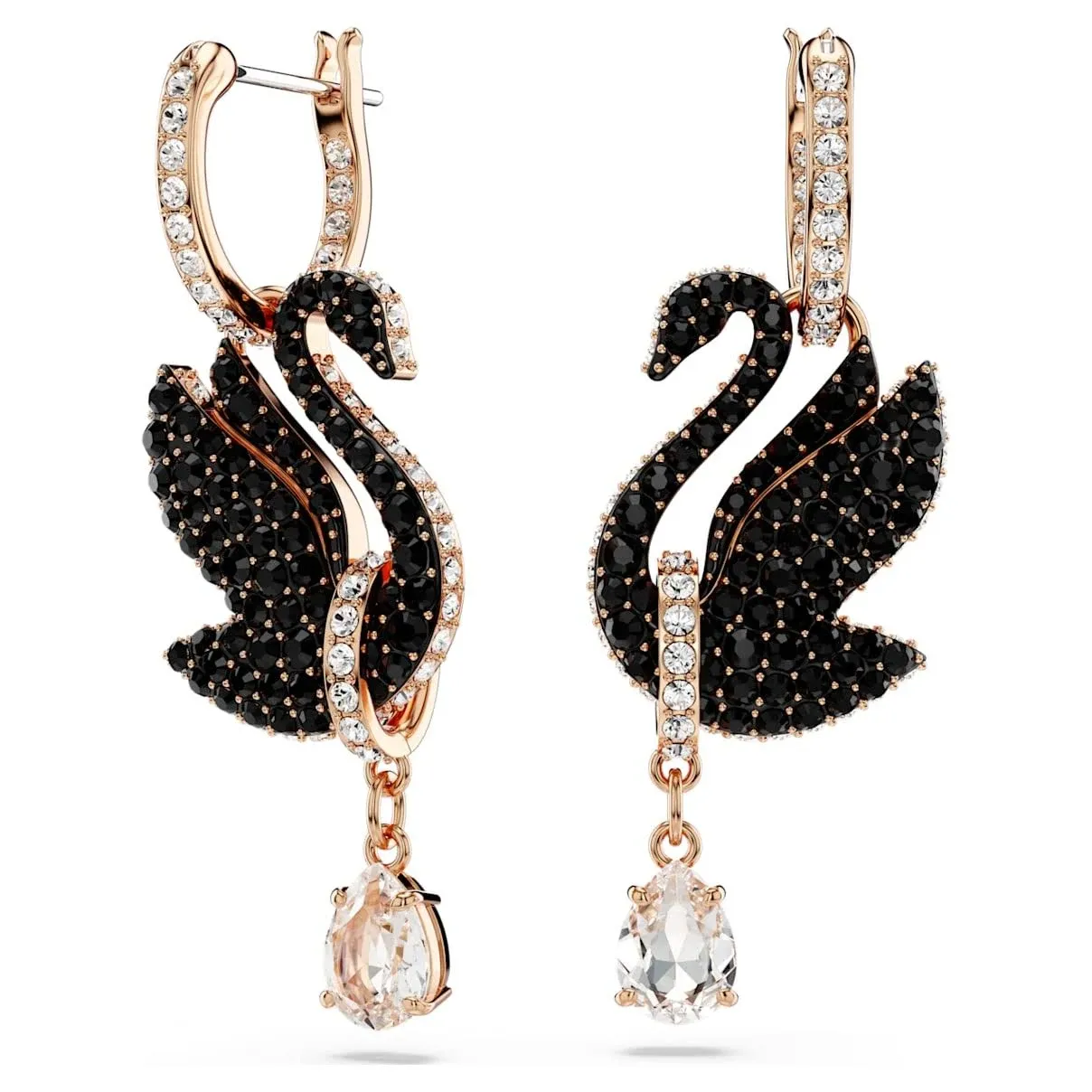 Swarovski Swan Drop Earrings, Swan, Black, Rose Gold-Tone Plated