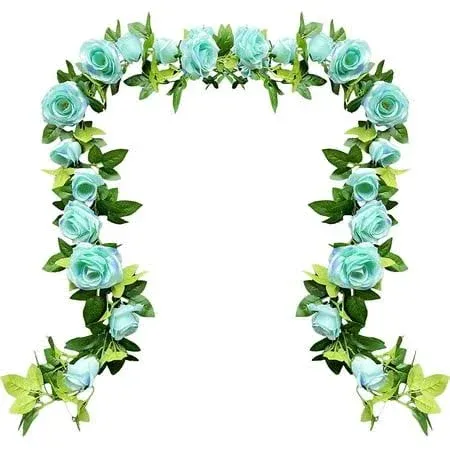 UKELER 2 Pack Artificial Flower Garland Fake Rose Vine Artificial Flowers Green&Blue Hanging Roses for Wedding Arch Party Garden Craft Home Decor