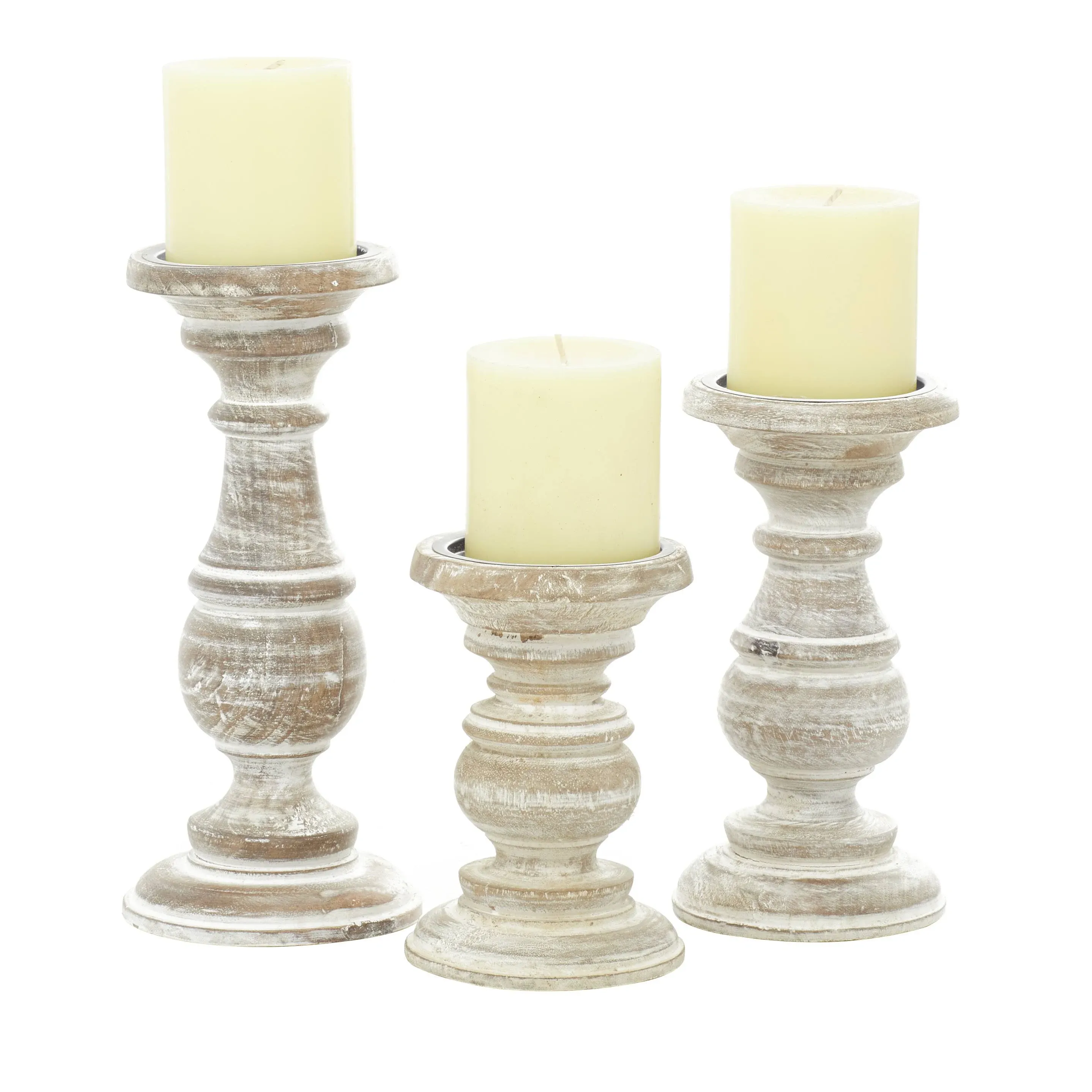 Decmode Traditional Mango Wood Pillar Candle Holder Set of 3