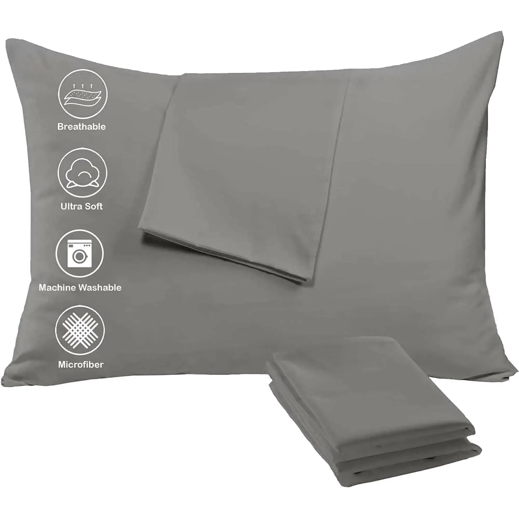 Niagara Cozy Brushed Microfiber Grey 4 Pack Pillow Cases Protectors Zip Queen 20