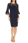 Bell Sleeve Illusion Neck Sheath Dress In Navy