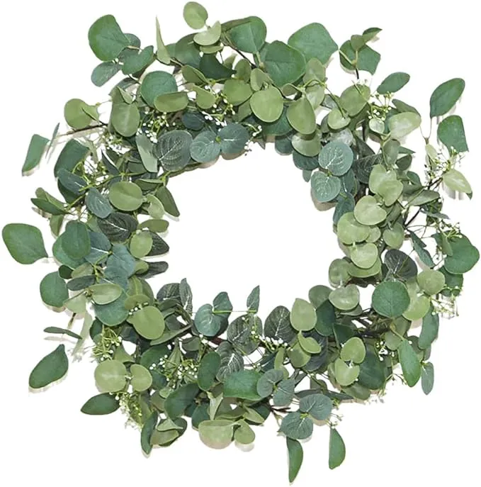 Coolmade 16 Cotton Wreath Decor Fake Eucalyptus Green Leaves Wreath with Full White Fluffy Cotton Bolls for Farmhouse Decor Front Door Window Wall Wedding Centerpiece