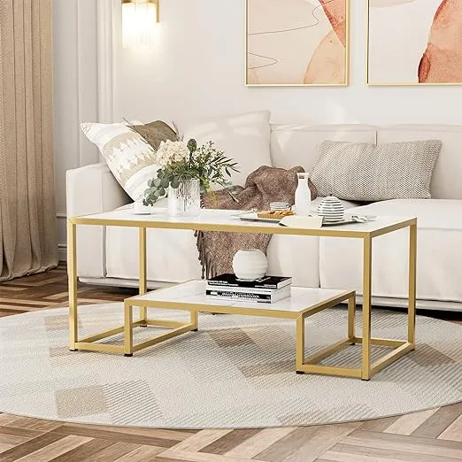 Modern Marble Coffee Table with Gold Metal Frame and Storage Shelf