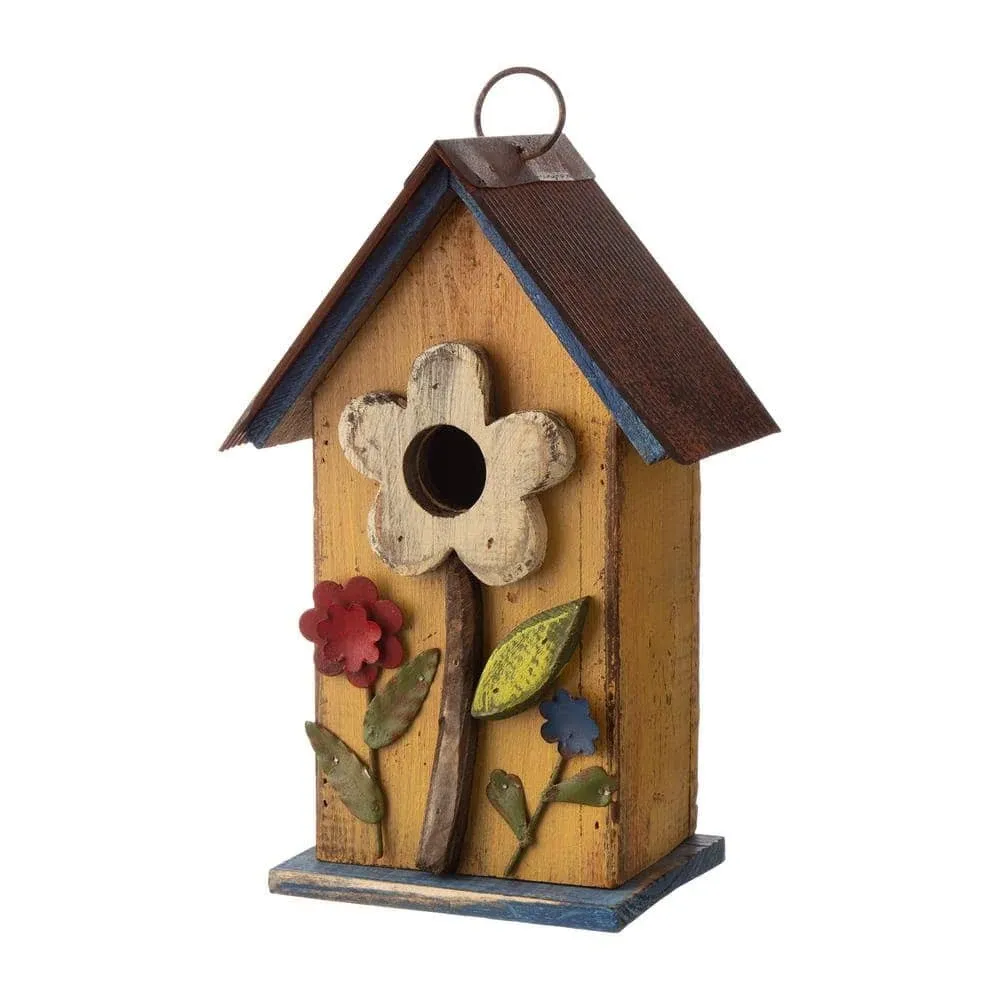 Glitzhome Distressed Solid Wood Birdhouse with Flower