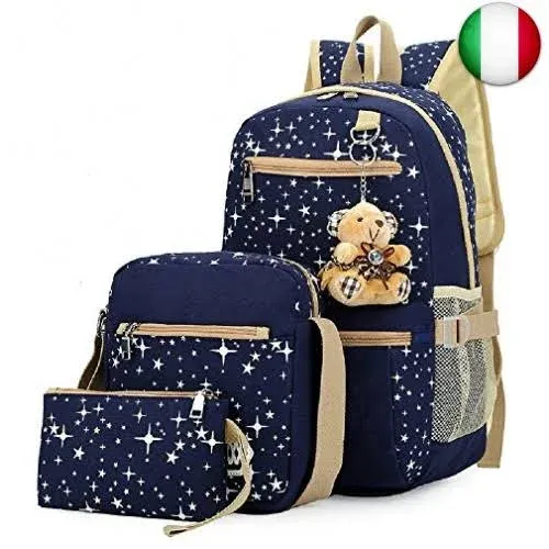 Star-Print Backpack 3Pcs Elementary Girls Bookbag Rucksack Set Dark Blue-a 