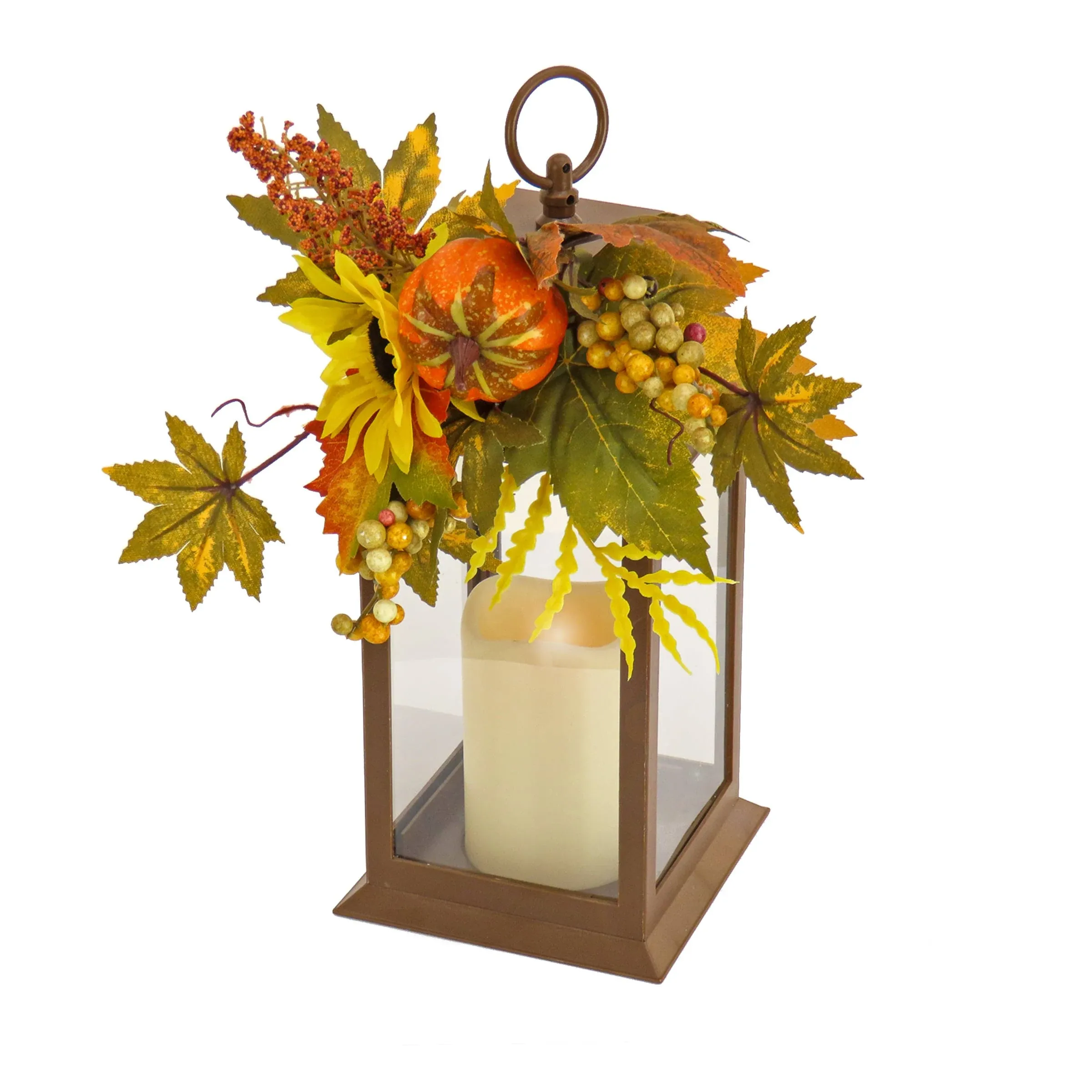 National Tree Company 14 in. Sunflower and Pumpkin Decorated Harvest Lantern