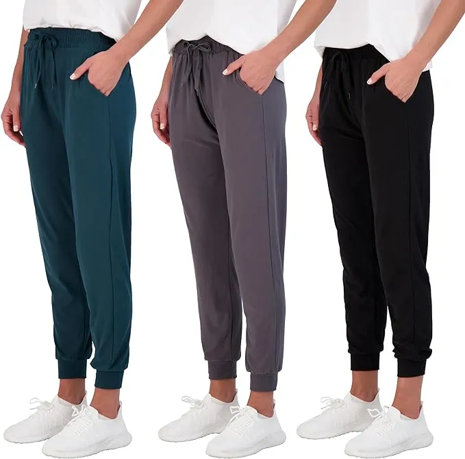 Real Essentials 3 Pack: Women's Ultra-Soft Lounge Joggers Athletic Yoga Pants with Pockets & Drawstring, Size: Large