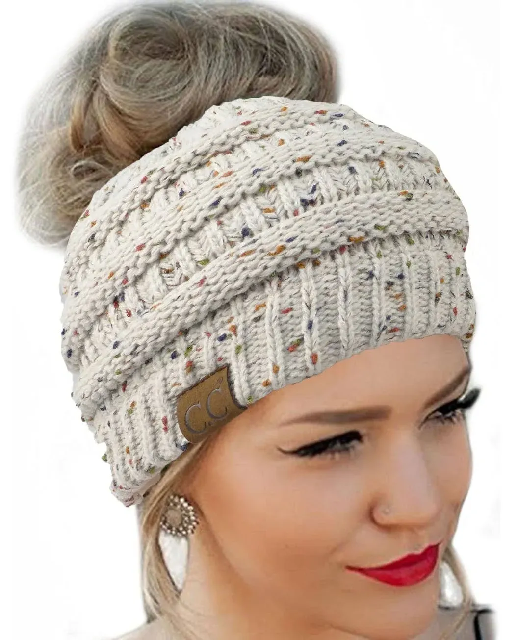 FENGGE Messy Bun Hat Quality Knit Soft Stretch One Size, Oatmeal Flecked 