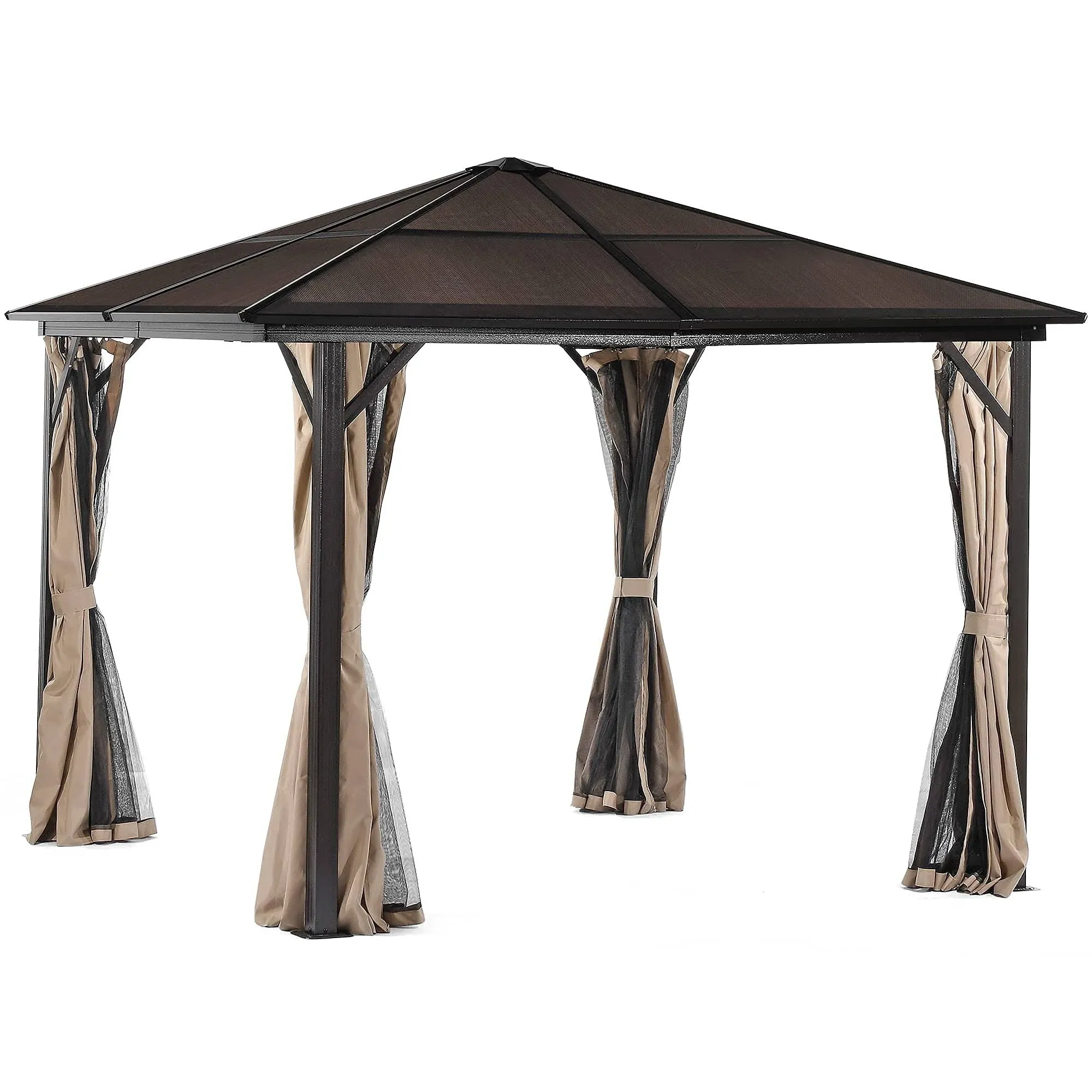 YITAHOME 10x10 Hardtop Gazebo Outdoor Polycarbonate Canopy with Netting and Shaded Curtains, Aluminum Frame Garden Tent for Patio, Backyard, Deck and Lawns Brown