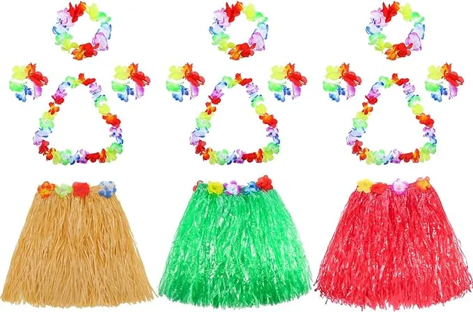 3 Set Grass Skirts for Kids Girls Elastic Hawaiian Hula Dancer Grass Skirt with Flower Leis for Luau Party Costume Set Multicoloured