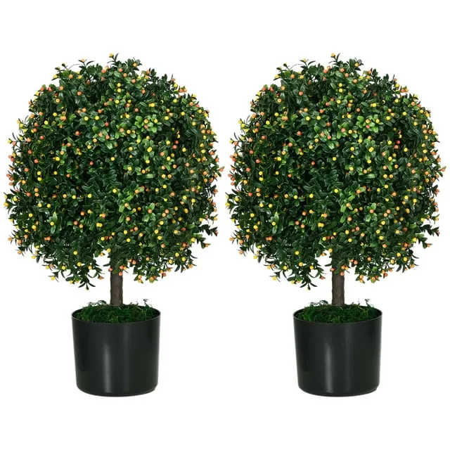 Homcom Set of 2 1.7ft/20.75" Artificial Ball Boxwood Topiary Trees with Fruit and Plant Pot, Indoor Outdoor Fake Plants - Green