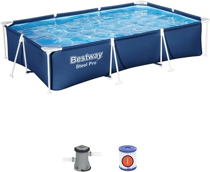 Bestway Steel Pro 87 Inch x 59 Inch x 17 Inch Rectangular Metal Frame Above Ground Outdoor Backyard Swimming Pool, Blue (Pool Only)