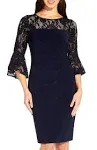 NEW ADRIANNA PAPELL bell sleeve illusion neck sheath dress in navy