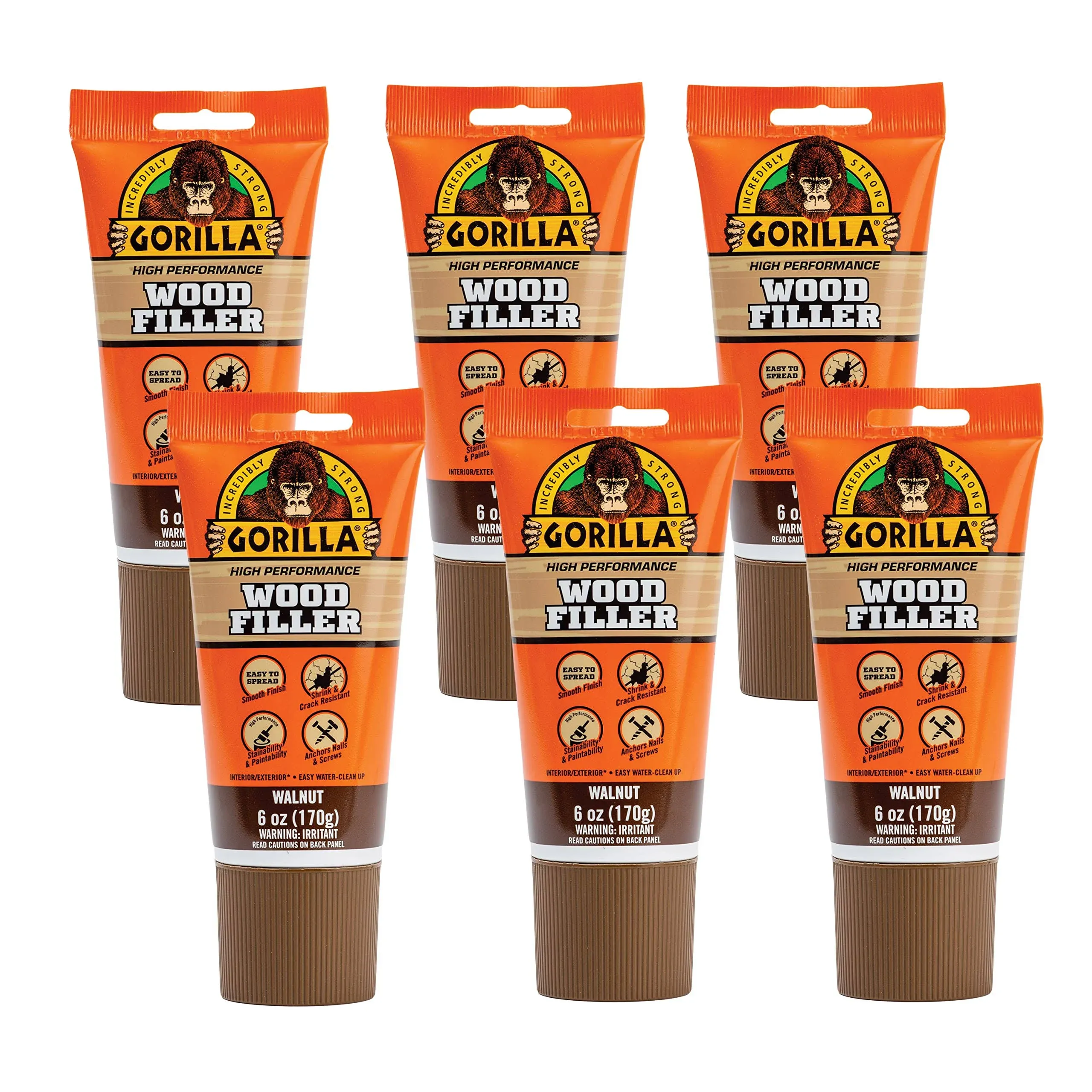 Gorilla All Purpose Wood Filler, 6oz Tube, Walnut (Pack of 6)