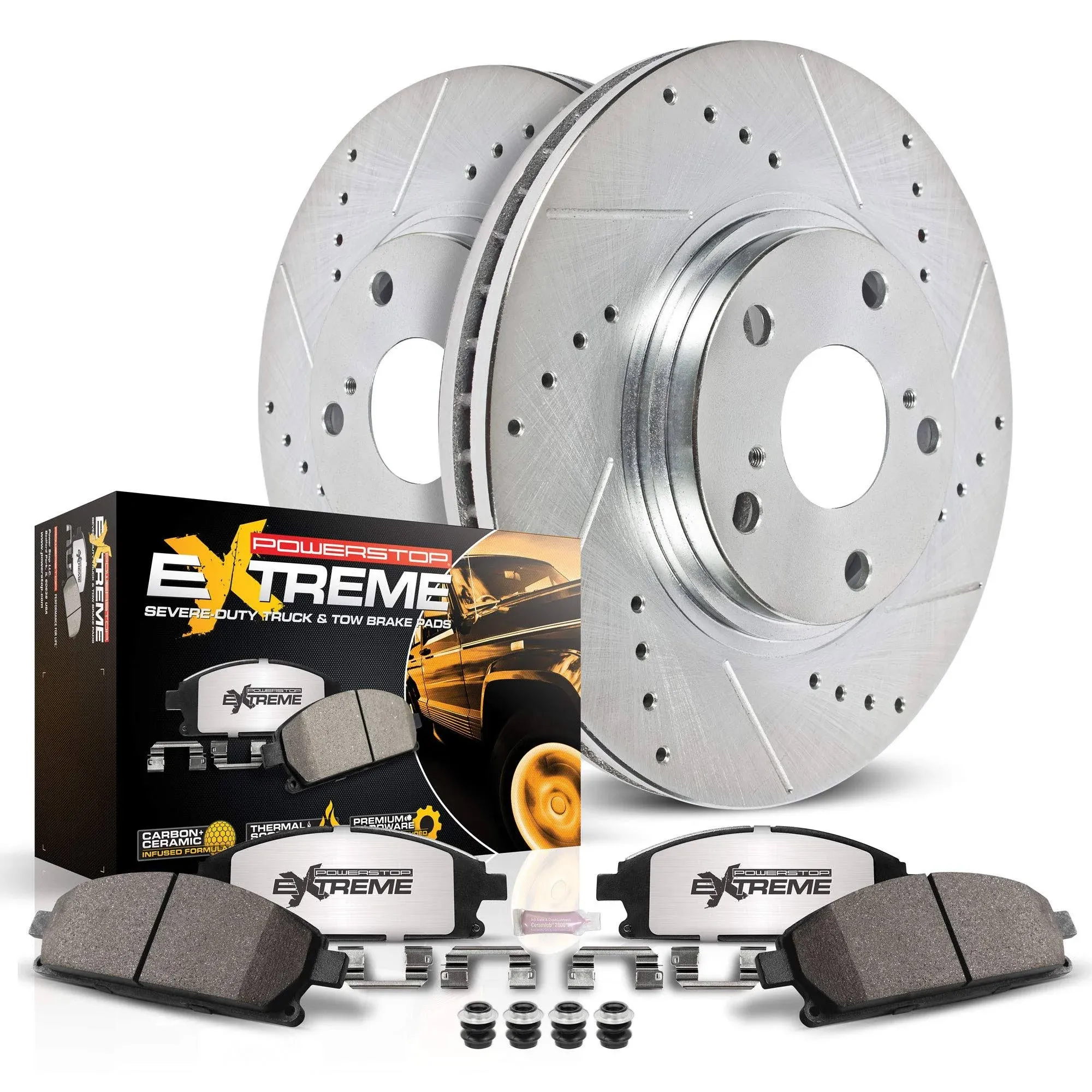 2019 Mercedes Benz Sprinter 4500 Rear Brake Disc and Pad Kit, Cross-drilled and Slotted 6 Lugs Carbon Fiber Ceramic Z36 Extreme Truck And Tow K8431-36 by Powerstop®