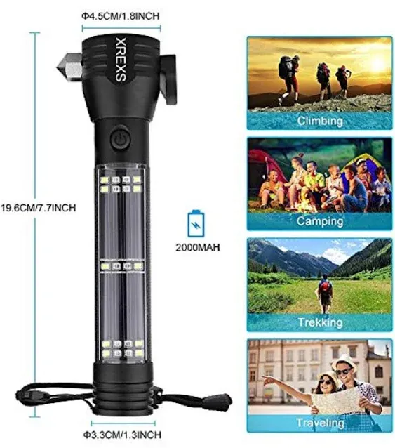 XREXS Solar Powered LED Car Flashlight Multi-Function Solar Escape Rescue Flashlight, USB Charger and Solar Charger, Portable Flashlight for Hiking, Camping, Traveling