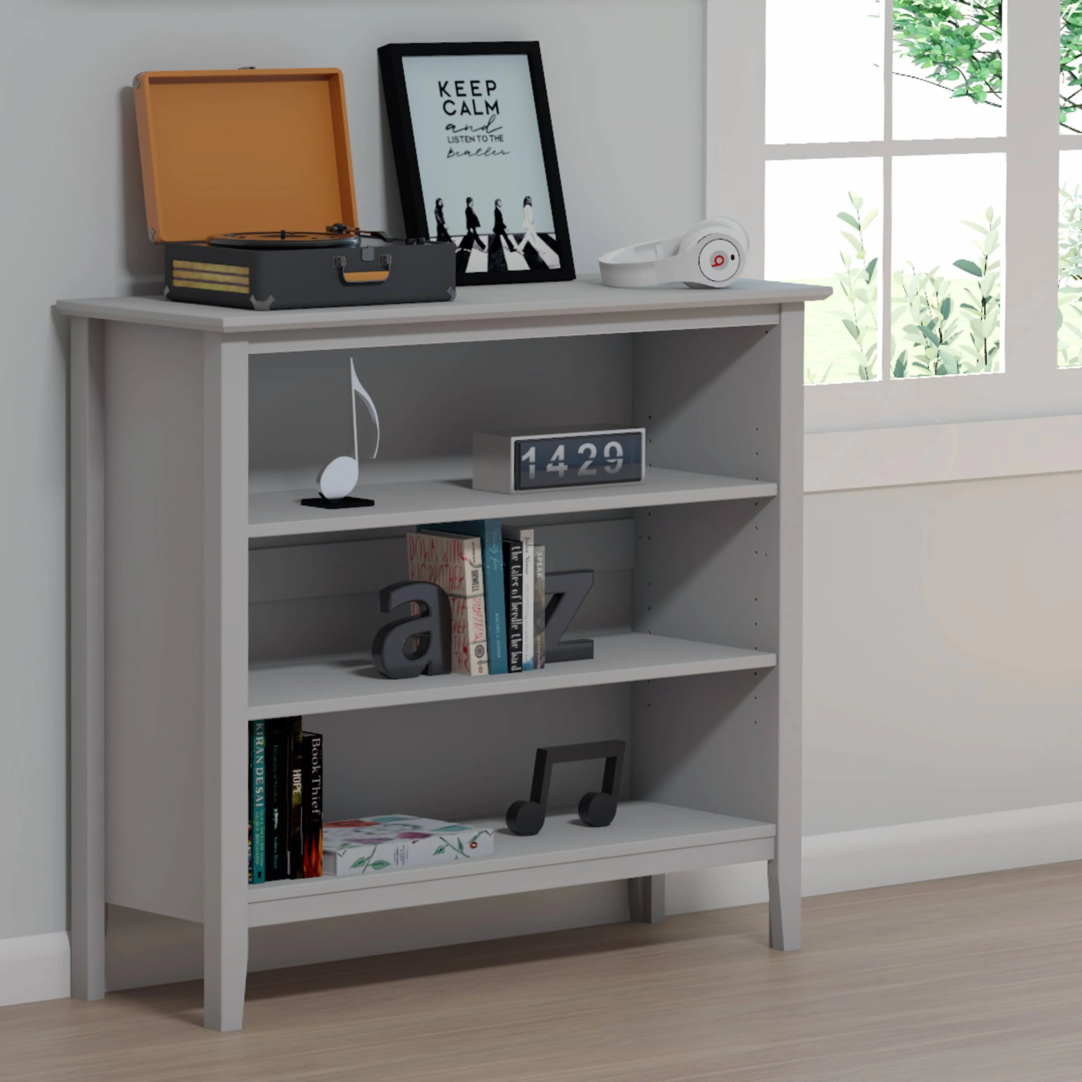 Alaterre Furniture Simplicity Wood Under-Window 3-Shelf Bookcase, Dove Gray