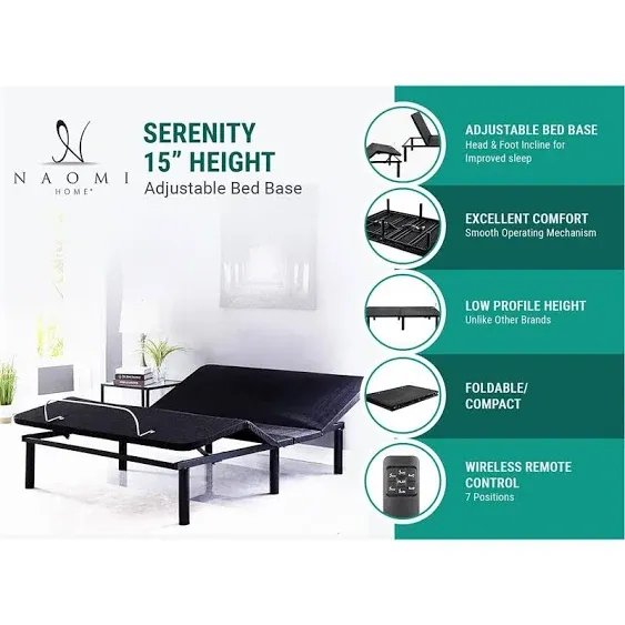 Serenity 15" Height Electric Adjustable Bed Frame Base with Wireless Remote Control Color Black, Size Twin XL