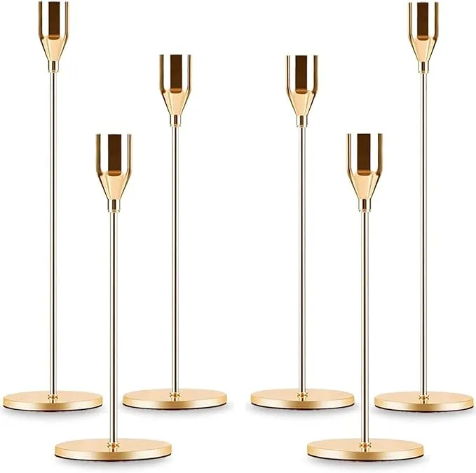 Gold Taper Candle Holder Set of 6, Brass Gold Tall Candlestick Holders, Metal Vintage Candle Stickers Long Holder Set, Pillar Decorative Candle Holder Fits 3/4 Inch Candle for Wedding, Dinner, Party