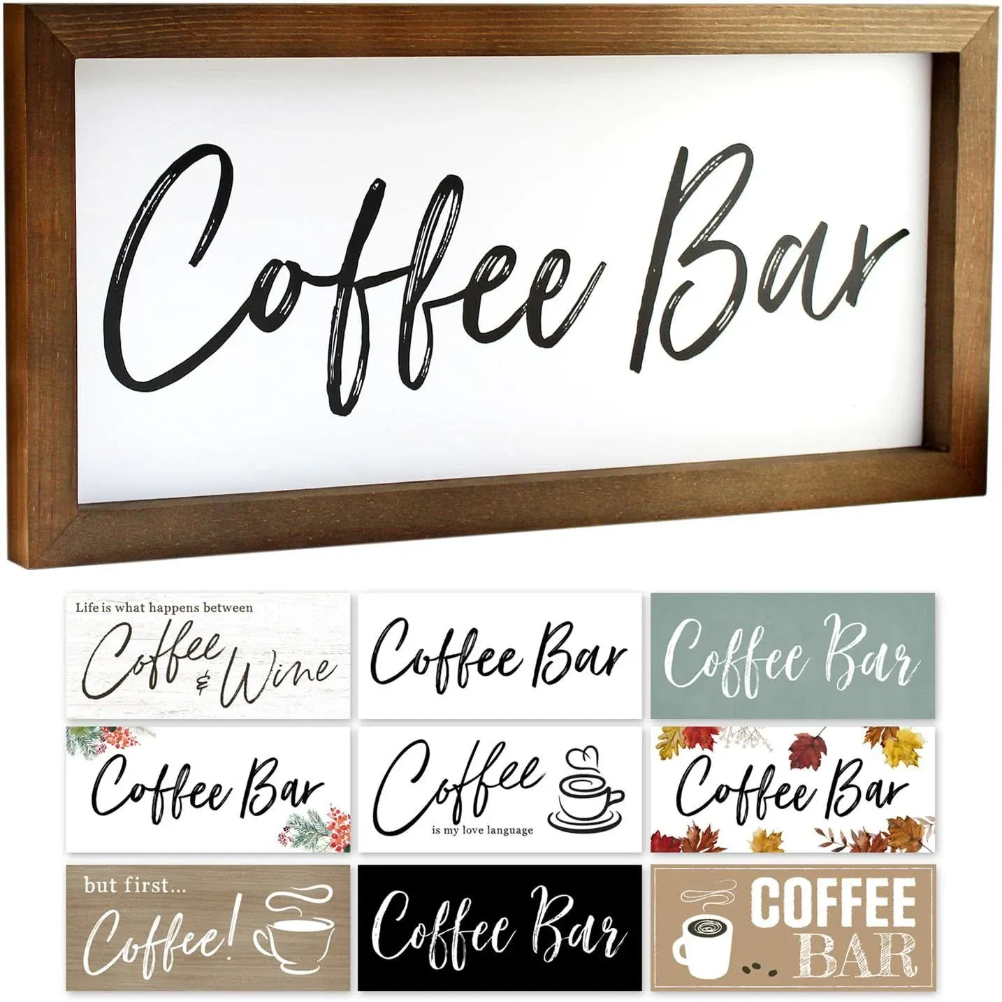 Interchangeable Coffee Bar Sign 17x8 Seasonal Wall Decor. Rustic Farmhouse Coffee Bar Decor for Kitchen Counter. Framed Wood Plaque Coffee Station Home Decoration Christmas Gift