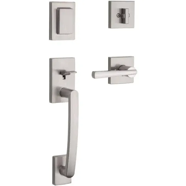 Prestige Spyglass Single Cylinder Satin Nickel Door Handleset with Square Spyglass Door Handle Feat SmartKey Security