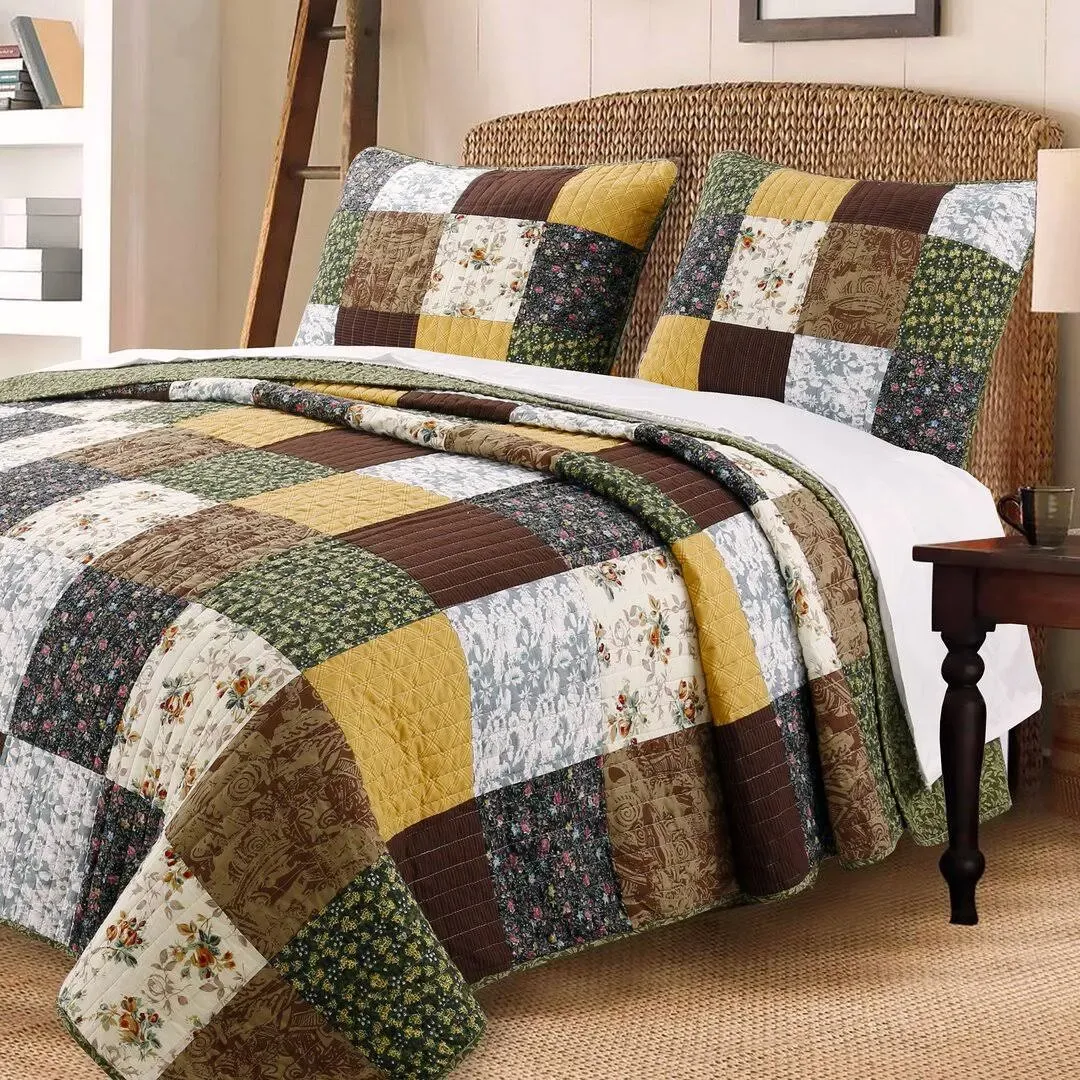 Cotton Quilt Shams Set Reversible Farmhouse Floral Patchwork Bedding Queen 3Pc