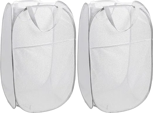 Collapsible Mesh Pop Up Laundry Hamper with Wide Opening and Side Pocket – Breathable, Sturdy, Foldable, and Space-Saving Design for Laundry Clothes and Storage. (White | 2-Pack)