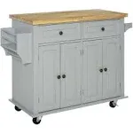 HOMCOM Kitchen Island On Wheels, Rolling Cart with Rubberwood Top, Spice Rack, Towel Rack and Drawers for Dining Room, Grey