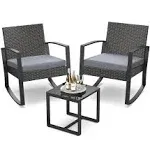 3 Pieces Wicker Patio Furniture Set, Modern Rocking Conversation Set with Coffee Table, Outdoor Rattan Patio Chairs Bistro Set for Balcony Porch