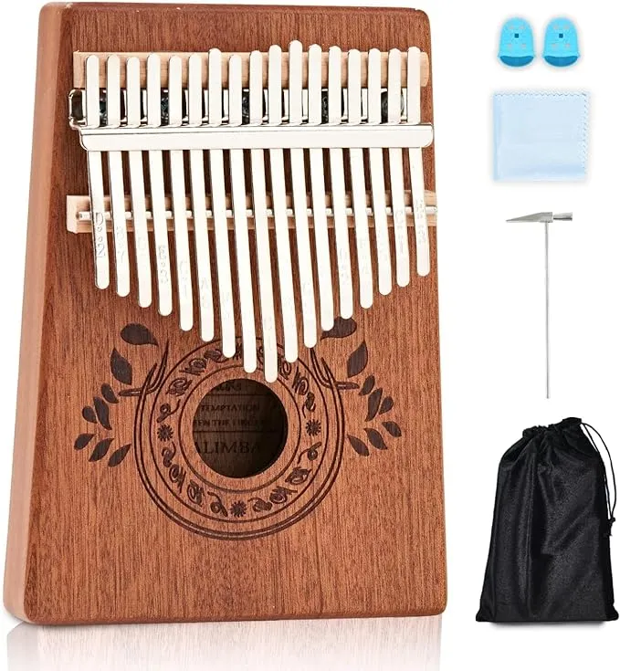 Kalimba 17 Key Thumb Piano, Portable Mahogany Mbira Finger Piano with Instruction, Carrying Bag, Tune Hammer, Holiday Gift for Kids & Adults on Christmas & Thanksgiving (Light Brown)