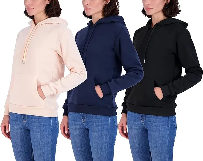 3 Pack: Women's Fleece Long-Sleeve Pullover Hoodie Active Sweatshirt Kangaroo Pocket - (Available In Plus)