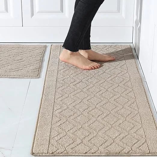 COSY HOMEER 48x20 Inch/30X20 Inch Kitchen Rug Mats Made of 100% Polypropylene 2 Pieces Soft Kitchen Mat Specialized in Anti Slippery and Machine Washable for Home Kitchen,Beige