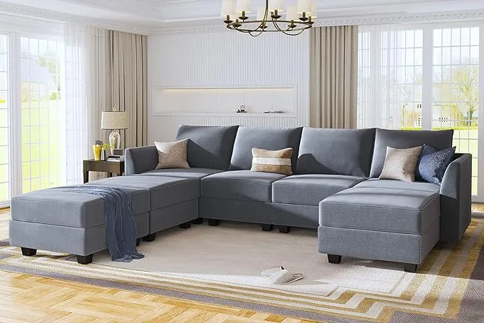 HONBAY Modular Sectional Sofa U Shaped Modular Couch Reversible Modular Sofa Sectional Couch with Storage Seat, Bluish Grey